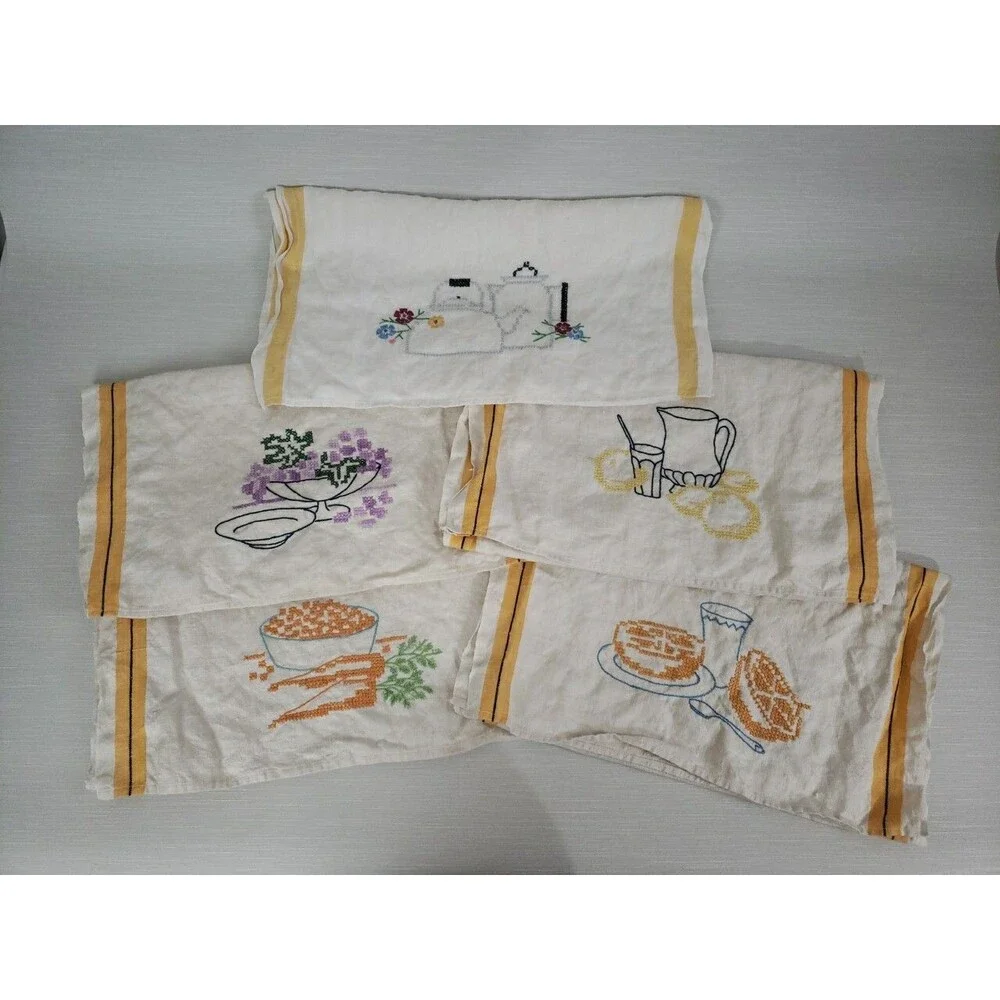 Vintage 6 Bread Tea Towels Embroidered 37